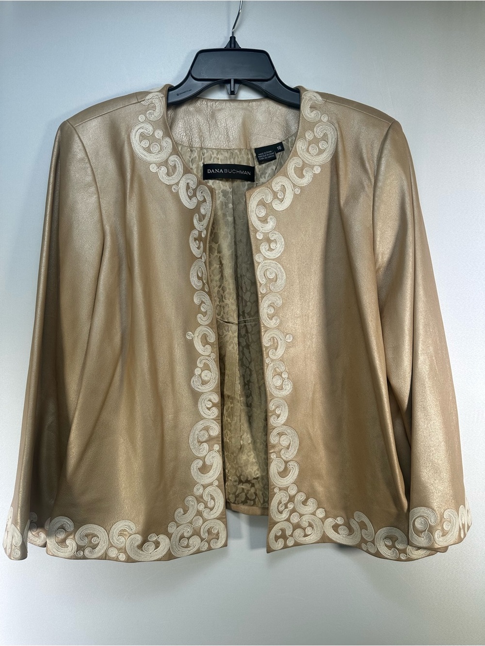 Dana Buchman Gold Leather Embroidered Open-Front Blazer